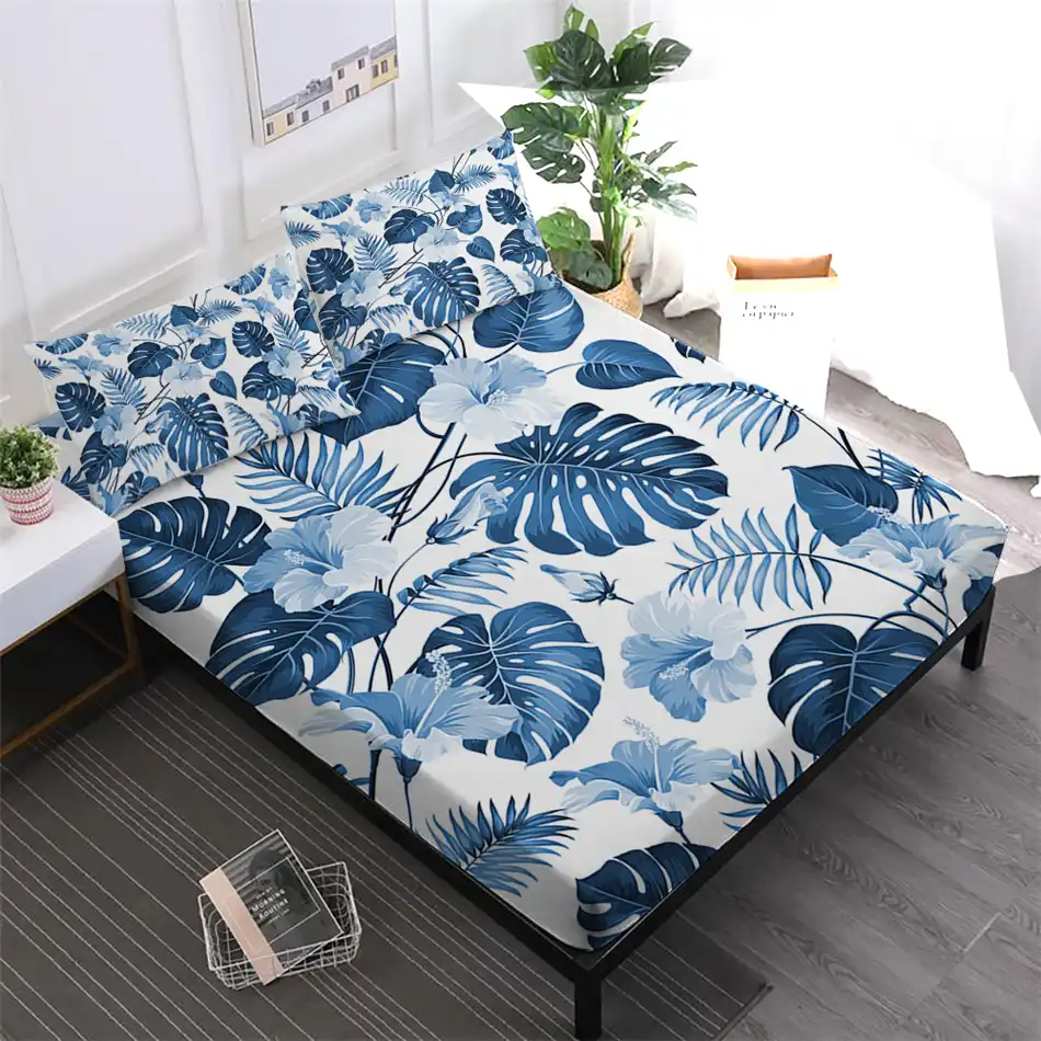 Green Leaves Print Bedding Set Tropical Plant Painted Fitted Sheet King Queen Bed Linens Pillowcase Mattress Cover Home Textile