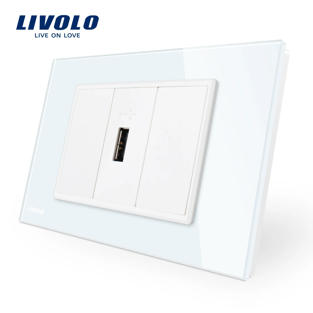 Livolo 1 банда USB зарядное устройство (5V 2.1A) белый кристалл стекло панель порт розетка