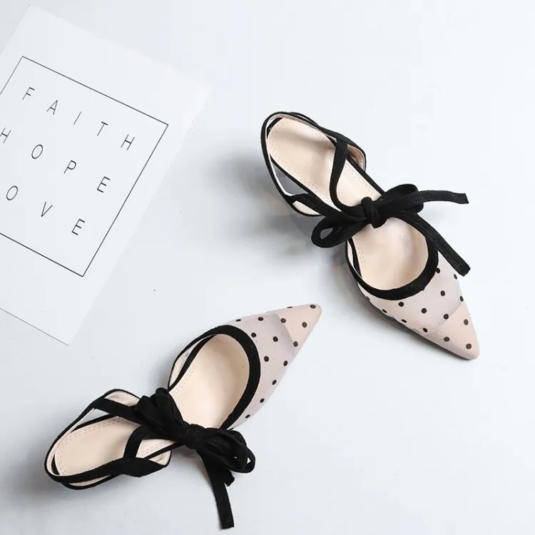 2018 Summer Elegant Lace Mesh Sandals Polka Dot Pointed Toe Gladiator Shoes Woman High Heels Big Size 34-43 Strap Footwear Woman (4)