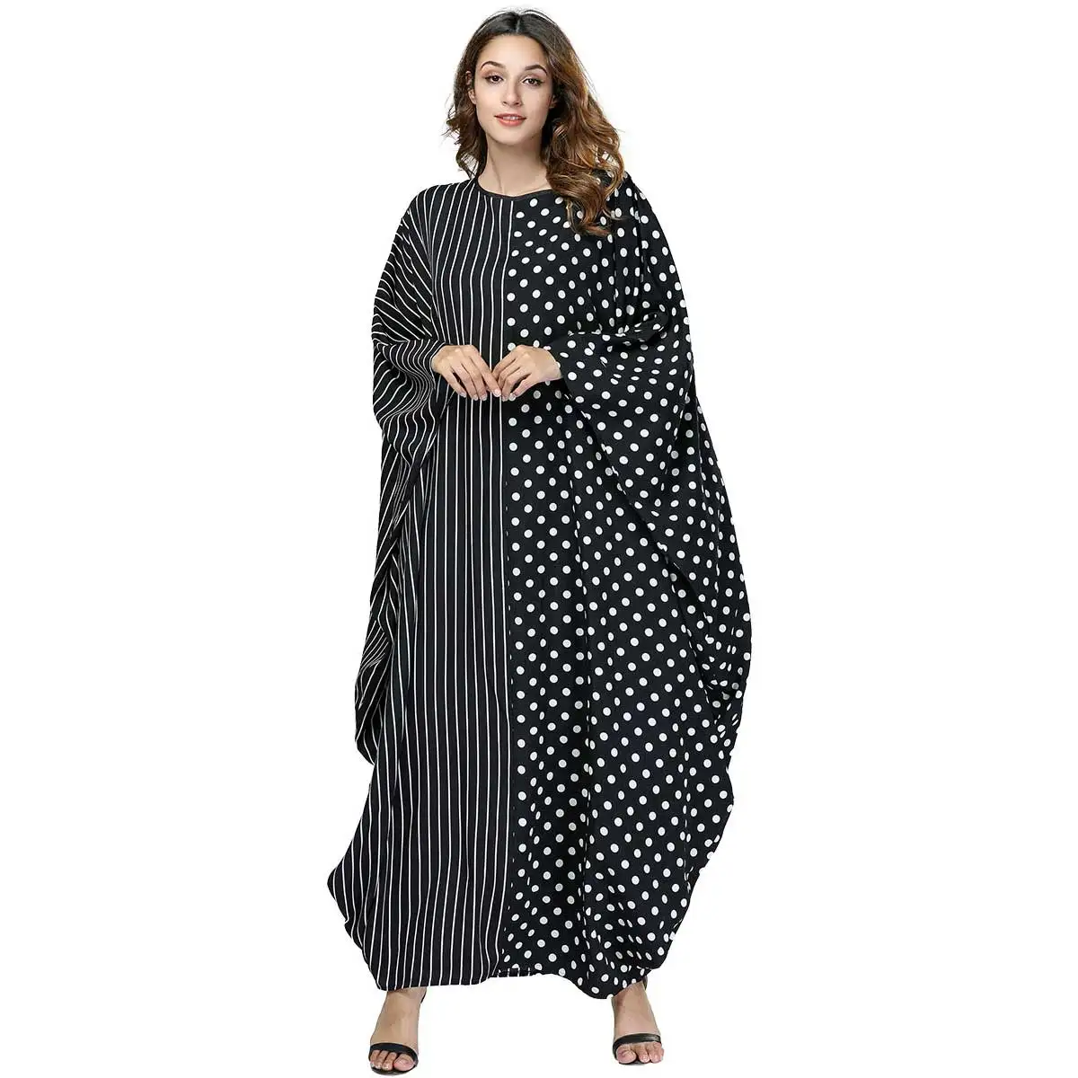 Новинка, женские мусульманские халаты больших размеров на весну и осень, в черный горошек, в полоску, в стиле пэчворк, Дубай, арабские ОАЭ, abaya VKDR1463 - Цвет: 7443