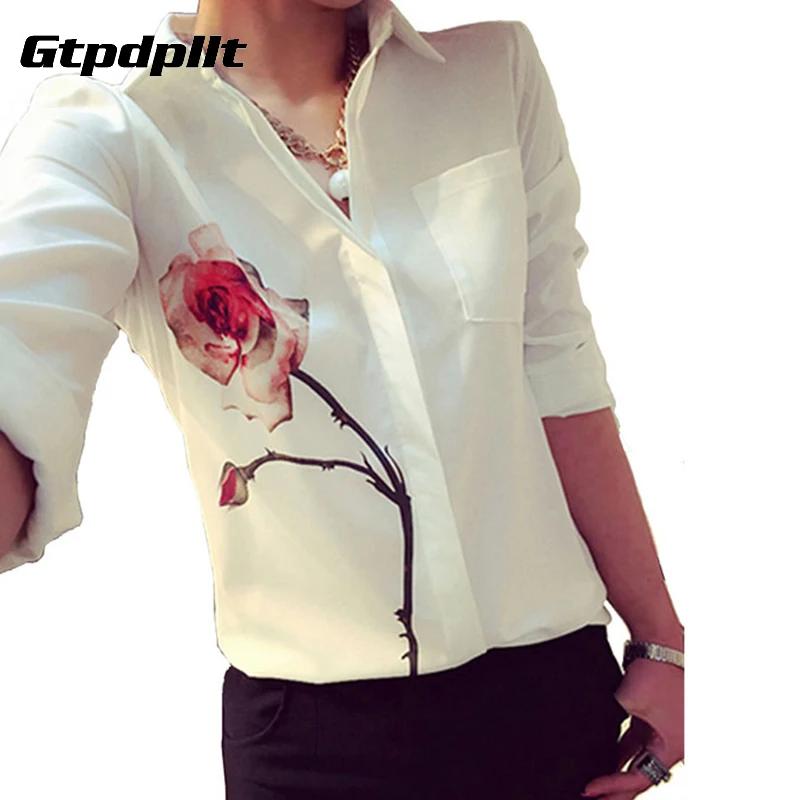 Acheter Gtpdpllt Automne Rose Fleur Imprimé Manches Longues Chemisier Femmes Col Rabattu Chemises En Mousseline de Soie blusas mujer de moda 2018 Vêtements