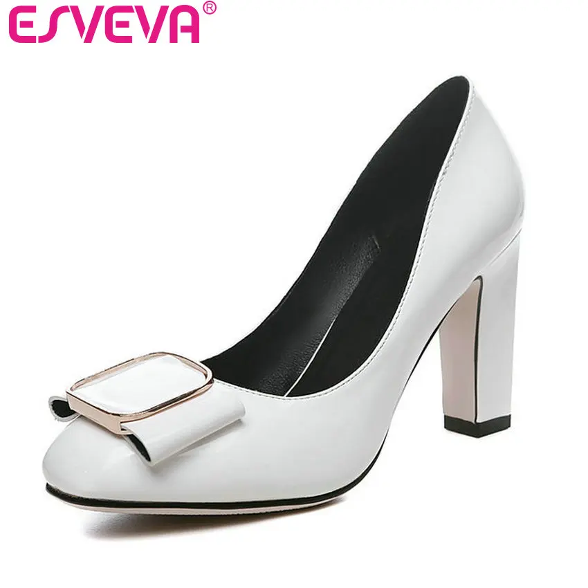 

ESVEVA 2017 White PU Women Pumps Women's Wedding Shoes Square High Heel Shoes Elegant Round Toe Slip on OL Shoes Big Size 34-42