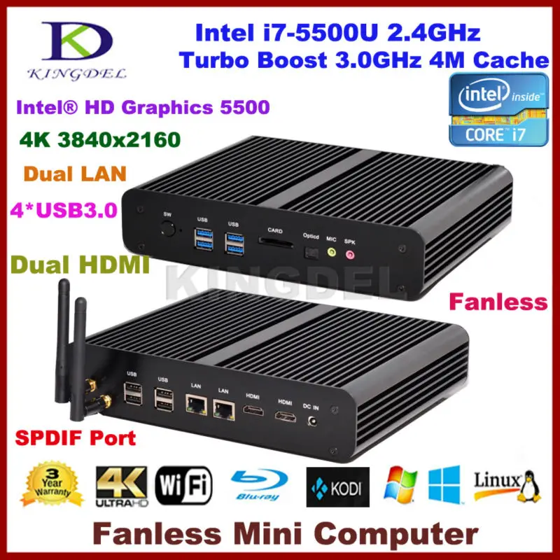Mini PC i7 Broadwell i7 5500U Processor Fanless Mini Computer Support Windows 10 4K Resolution Dual