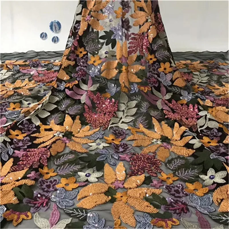 

2019 New Design French Nigerian Laces Fabrics Orange Color High Quality Sequins Laces Fabric Wedding African French Tulle Lace