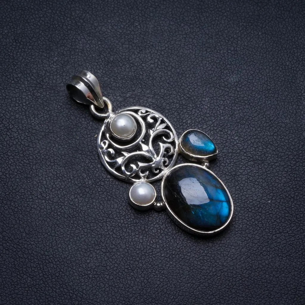 

Natural Labradorite and River Pearl Handmade Unique 925 Sterling Silver Pendant 1.75" X1380