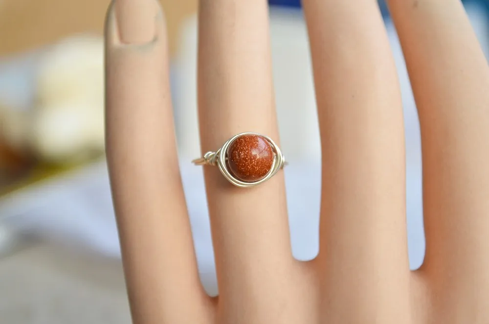Оранжевый авантюрин Натуральный камень Solitaire 925 стерлингового серебра провод обернутый обручальные кольца для Для жен