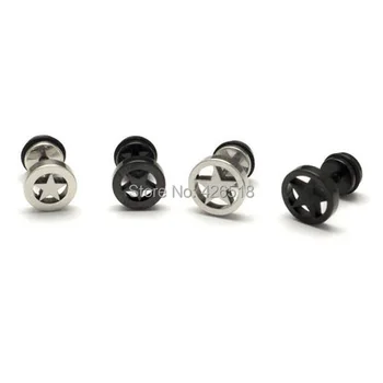 

8 9mm Diameter Circle Five-pointed star titanium steel Punk Men Screw Back (pierced) stud earrings 2 colors