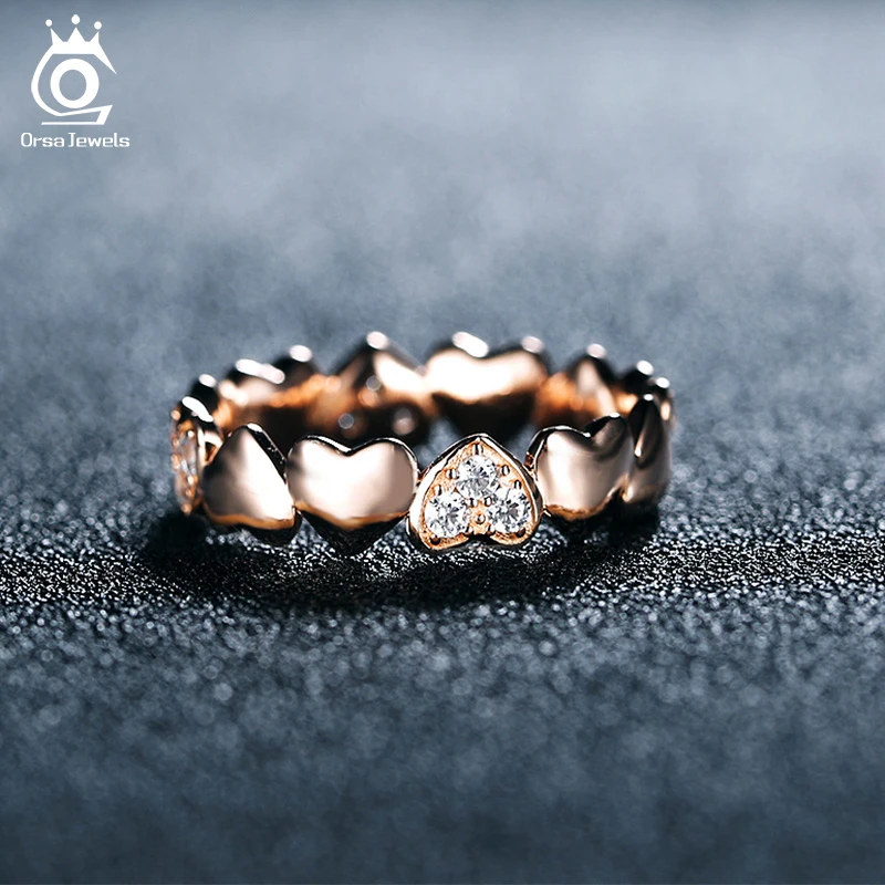 ORSA JEWELS Women's Rings Rose Gold Color & Silver Color 12 PCS AAA Zirconia Simple Elegant Heart Shaped Rings For Party AOR142