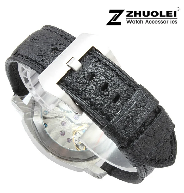 Watch band 24mm New Mens high quality Black Genuine Real Ostrich Skin Leather Watchbands Strap Bracelets