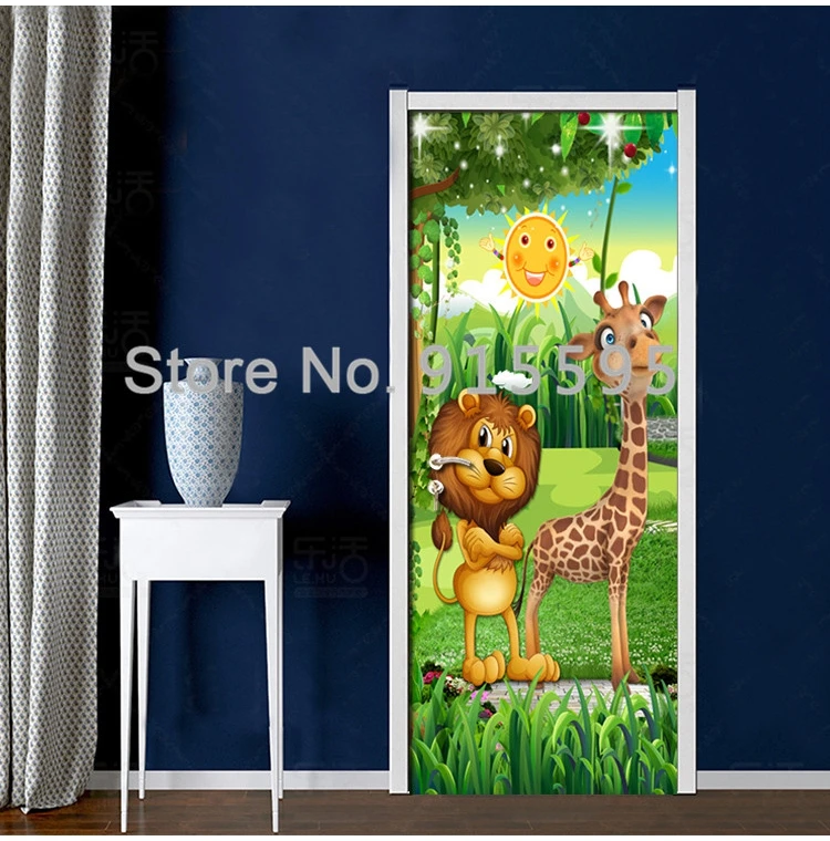 Наклейка на дверь для детской комнаты с изображением животного леса, спальни, ПВХ, Фреска, 3D фото обои, креативные, сделай сам, водонепроницаемые наклейки на дверь, украшение