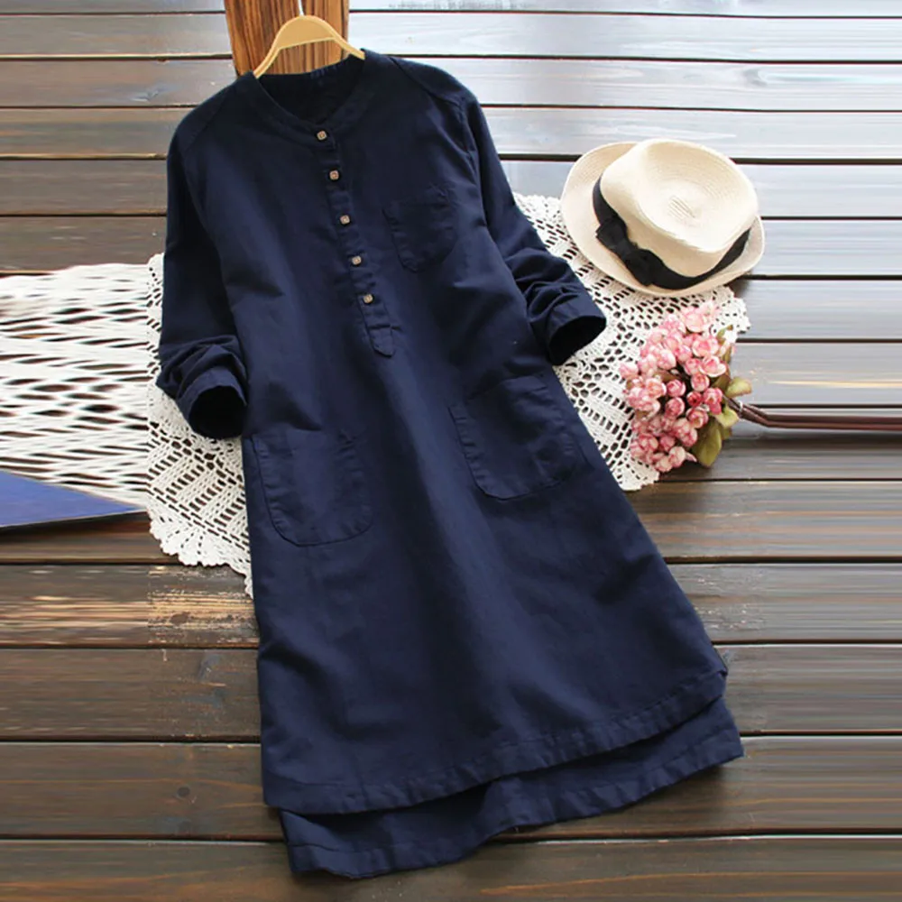 

Women's dresses Retro Long Sleeve Sexy vestidos Casual Loose Button Tops Blouse Shirt vestido #