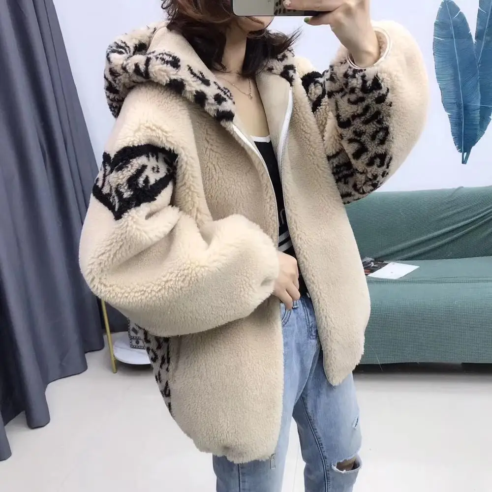 

Faux fur coat shearling sheep fur jacket teddy leopard print coat hooded oversize loose fluffy jacket women