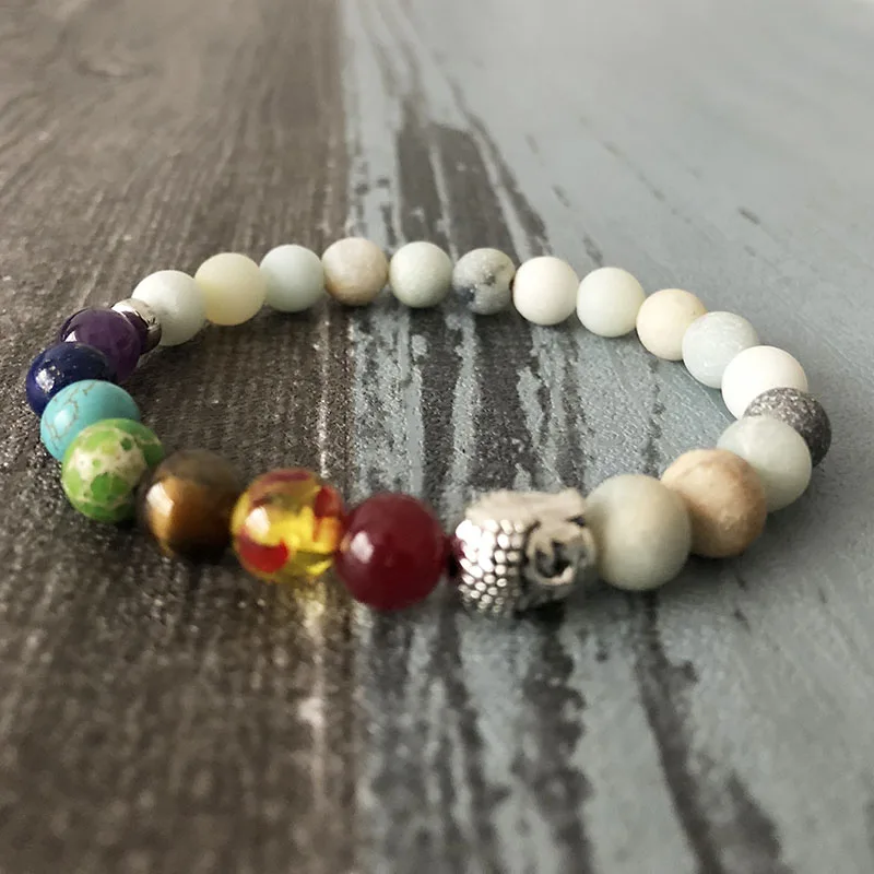 New Arrivals Matte Amazonite Buddha Bracelets 7 Chakras Mala Stone