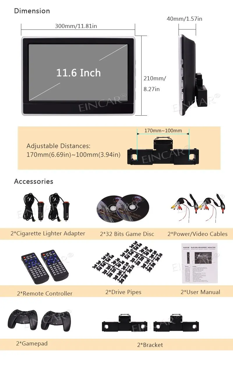 Clearance EinCar 11.6 Inch Dual Headrest DVD Player TFT LCD Screen DVD Headrest Monitor Backseat DVD/CD/USB HDMI Port Support 32bits Game 4