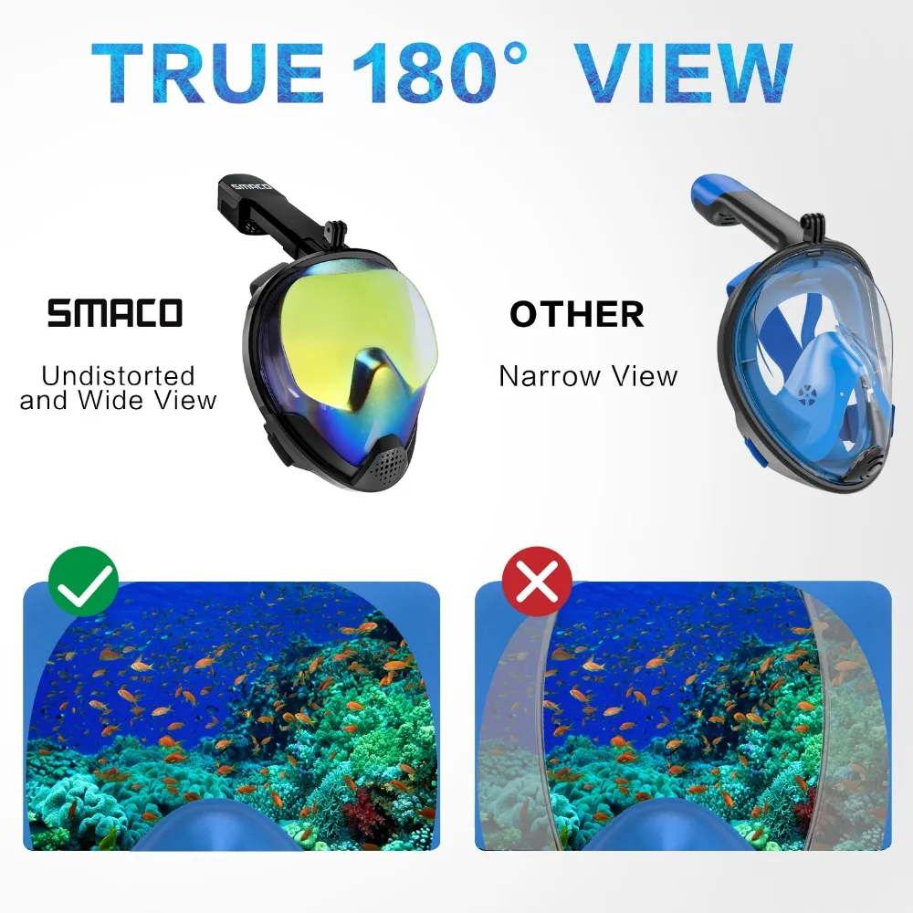 Маска для сноркеля SMACO для всего лица с защитой от ультрафиолета и тумана съемное крепление для камеры панорамный вид на 180 градусов