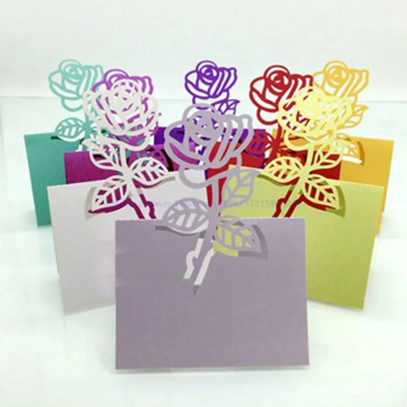 

Hot 100pcs Laser Cut Rose Paper Name Card Holder Festive Wedding Party Table Wine Food Guest Name Place Cards Favor Decoration