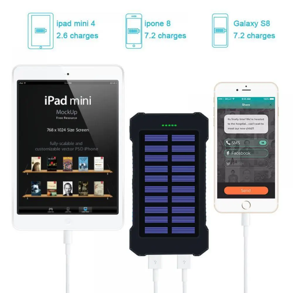 

Portable Waterproof Solar Power bank 30000mah Dual-USB Solar Battery Powerbank External Battery LED For Xiaomi Phone Batteries