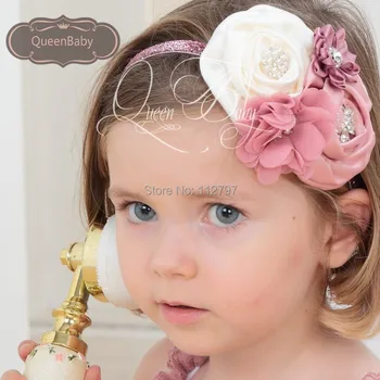 

15pcs/lot Double Satin Rosettes with Pearl Rhinestone Chiffon Flower Crystal Baby Girl Headbands Toddler Headband