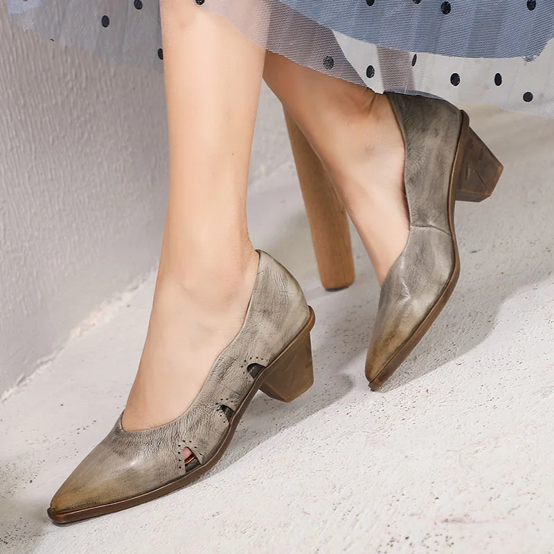

2019 Spring New Arrival Mid Heels Women Vintage Style Shoes Female Pumps Genuine Leather Heels Lady Dress Shoes