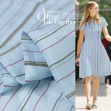 100 см* 140 см свежий синий в полоску Шелковый льняной ткани Slub натуральный материал для платья