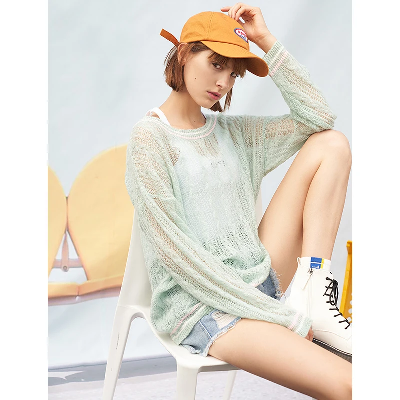 Toyouth 2019 Women Spring Sweater Sexy Hollow Out Round Neck Long Sleeve Sweater New Arrival Female Stripe Print Sweaters