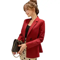 2019 Офисные женские туфли женские Блейзер длинный рукав Блейзер Для женщин пиджак женский двубортное пальто красное вино зеленый Блейзер