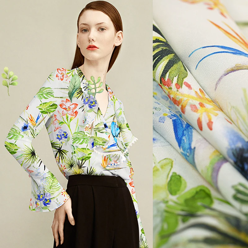 

114CM Wide 20MM Fresh Green Leaves Floral Print Heavy Silk Fabric for Spring Summer Clothes Dress Shirt DE439
