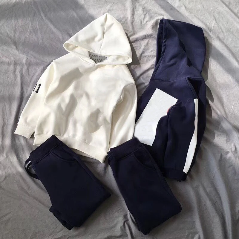 

Kid clothes Set white/navy tracksuit long sleeve hoodie+Pants 2 pcs for children winter spring casual clothes in stock