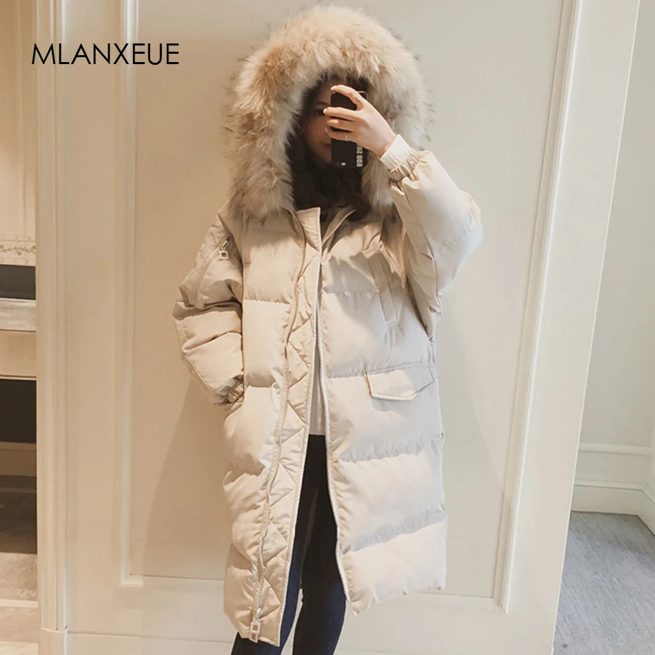 With Fur Trim Hood Cotton Liner Long Down Coats Women Winter Hardy Warm Plus Size Outerwear Bread Coat Female Zipper Pocket Fall
