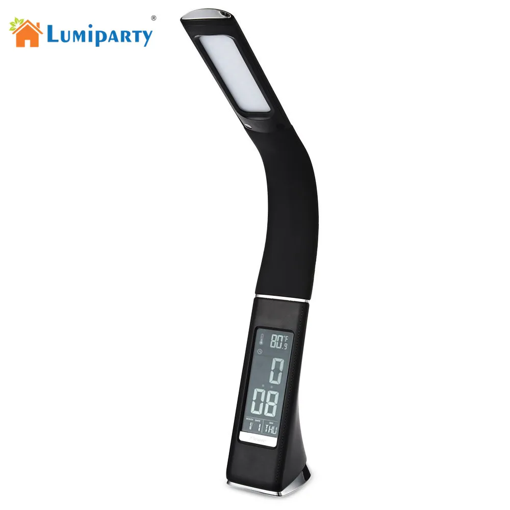 

LumiParty LED Desk Lamp, Electronic VA Screen 3 Level Dimmable, Eye Care Reading Light With Calendar Temperature Alarm Clock