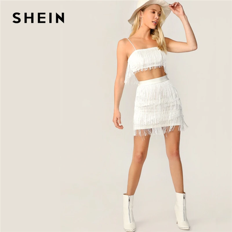 SHEIN Топ На Запах С Бахромой И Юбка На Запах Комплект Женский Летний Белый Гламурный Топ Без Рукавов И Юбка