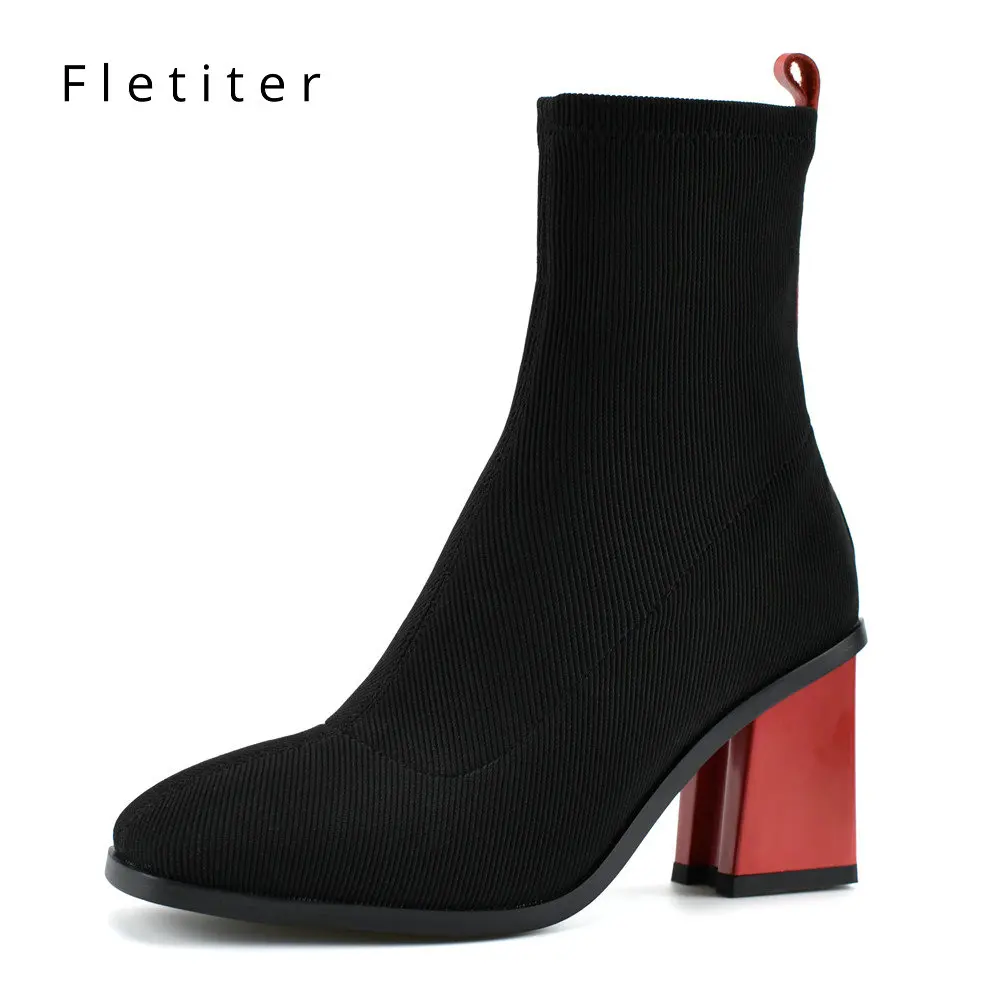 

2019 Women Sock Boots Stretch Fabric Slip On 7CM High Heels Round Toe Ankle Boots Women Pumps Autumn Ladies Shoes Plus size