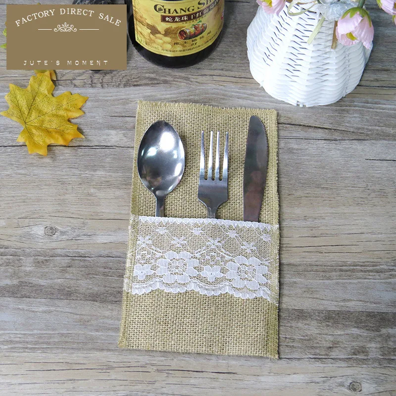 20pcs Packaging Burlap Lace Tableware Pouch fork spoon Knife Cutlery