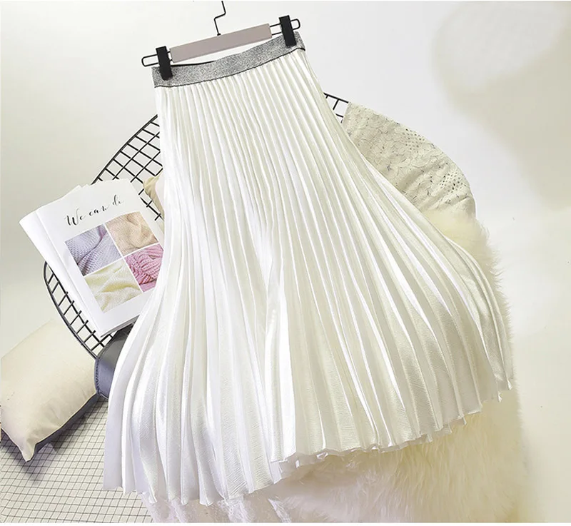 Женская плиссированная юбка миди металлического цвета в японском стиле, женская уличная велюровая шикарная юбка с высокой талией, Saias, весна, SK279 - Цвет: Белый