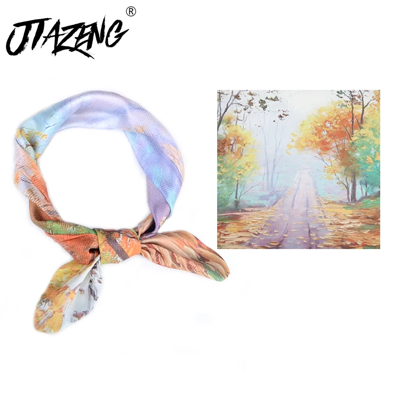 

2019 Spring Summer Hot Sale Forest Oil Paint Scarf Scarves Women Scarf Kerchief Silk Scarf Head Hair Tie New Print Accessories