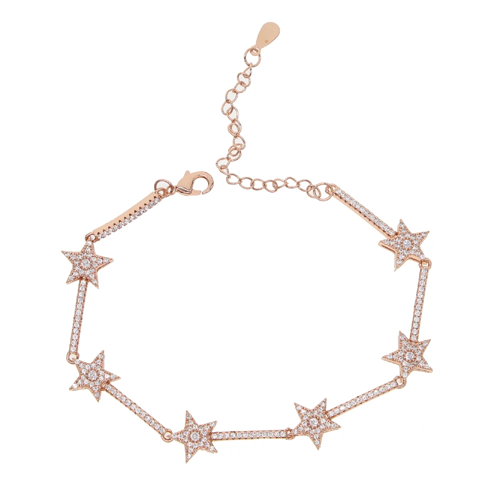 Модный циркониевый Кристальный браслет-цепочка со звездами для женщин, серебряный браслет на палец, браслеты с подвесками в виде звезд, изящный браслет с фианитами - Окраска металла: Покрытие из розового золота