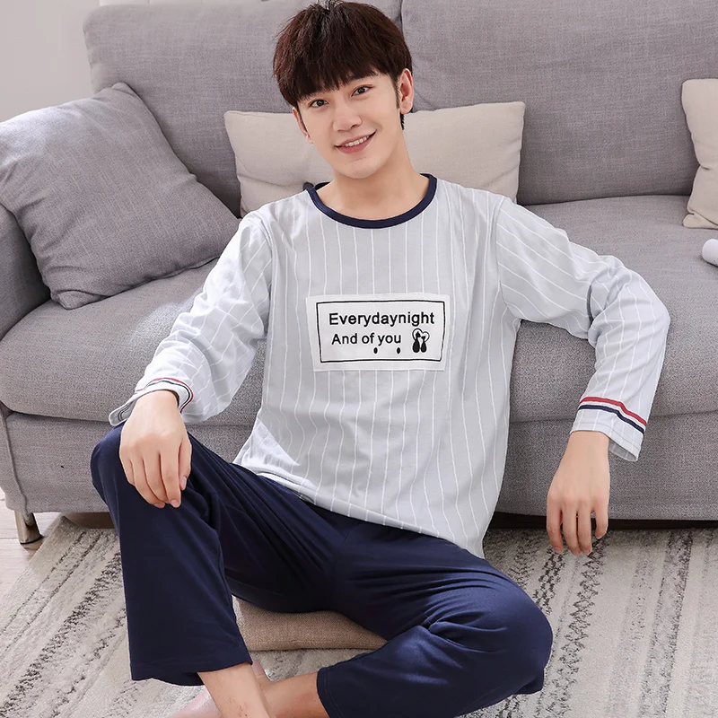 Autumn Winter Long Men's Cotton Pajamas Letter Striped Sleepwear Cartoon Pajama Sets Casual Men Pyjamas Plus Size 4XL Pijama