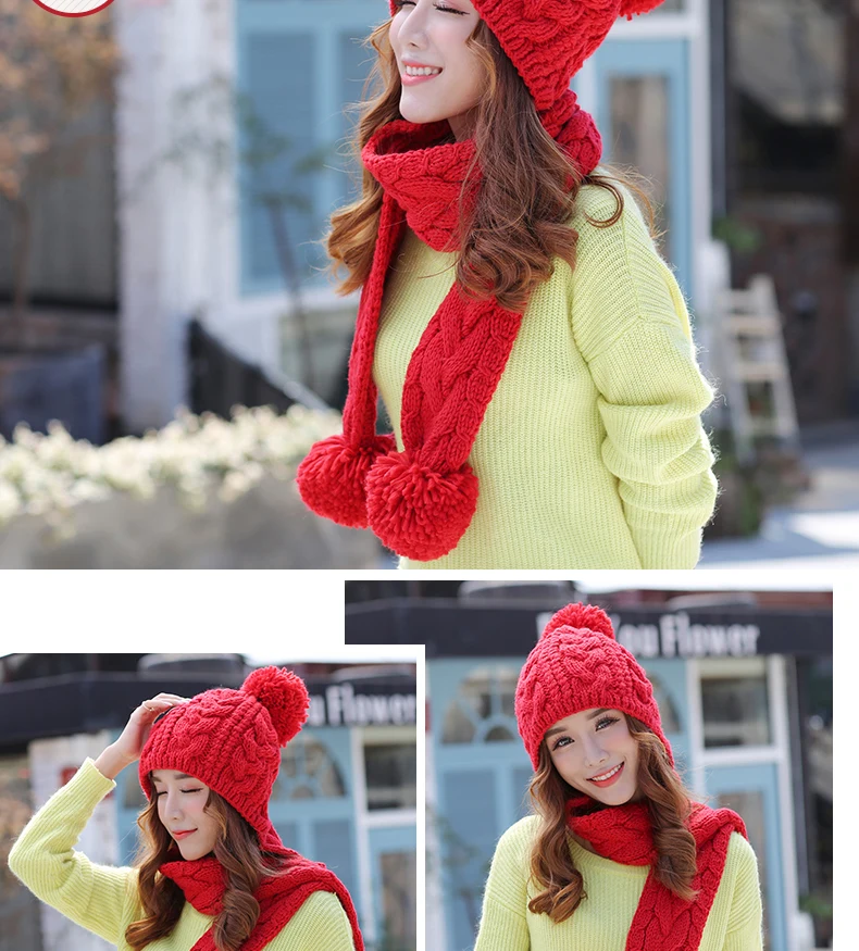 CIVICHIC/милый теплый комплект в Корейском стиле для девочек; вязаная шапка; шарф; 2 шт.; шапочки с помпоном; шаль; плотный переплетенный бархатный головной убор; SH197