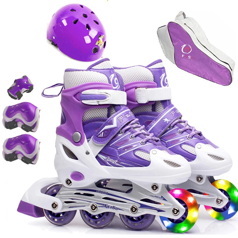 

10 in 1 Set Inline Professional Women Adult Kids Slalom Sliding Ice Skates Skating Shoes Adjustable One Front Wheel Flash Patins