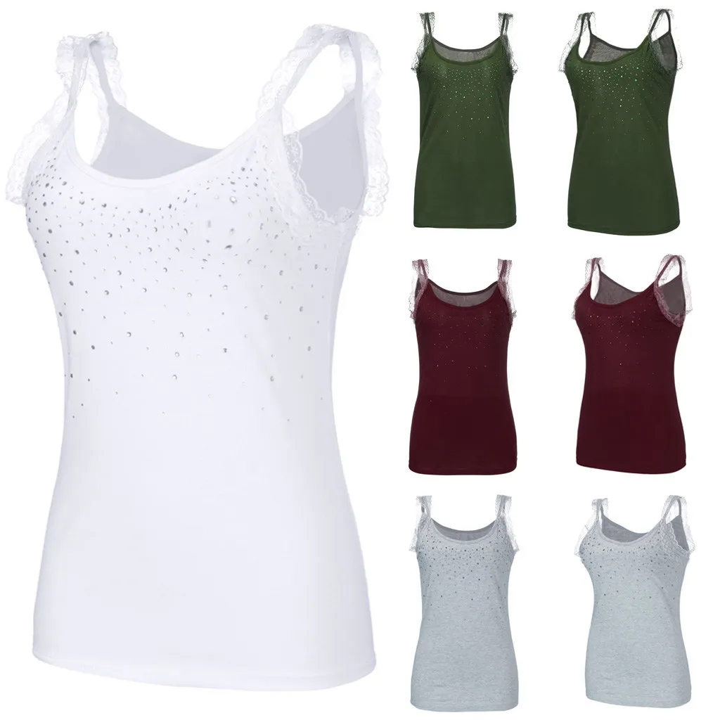

Summer Tank Tops Summer Womens Rhinestone Lace Insert Fitted Tank Tops Shirt Blouse Camisole For Female Dropshipping#G