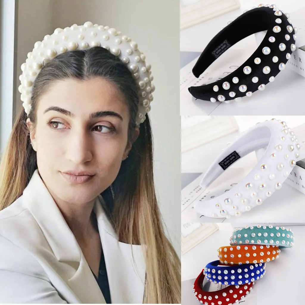 

Colorful Pearl Velvet Padded Headband Large Matador Thick Wedding Bridal Crown Handmade Wide Sponge Hairbands for Women