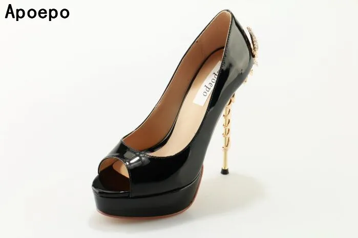 

Newest Black Patent Leather Peep Toe Scorpion Heel Pumps Golden Metal Heel Shoes for Ladies Sexy Platform Pumps High Heel Shoes