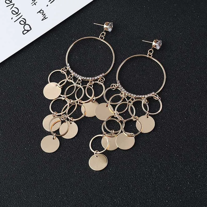 

Hot Sale Ladies Vintage Hollow Circular Sequined Long Dangle Earrings Fashion Jewelry New Femme Pendante Earrings LB