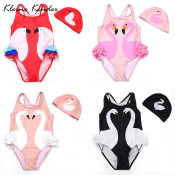 

Swimwear Girl One Piece Flamingo Swan Print Kids Swimsuit with Swim Cap Baby Bath Clothes Children Swimming Suit 1-12 years old
