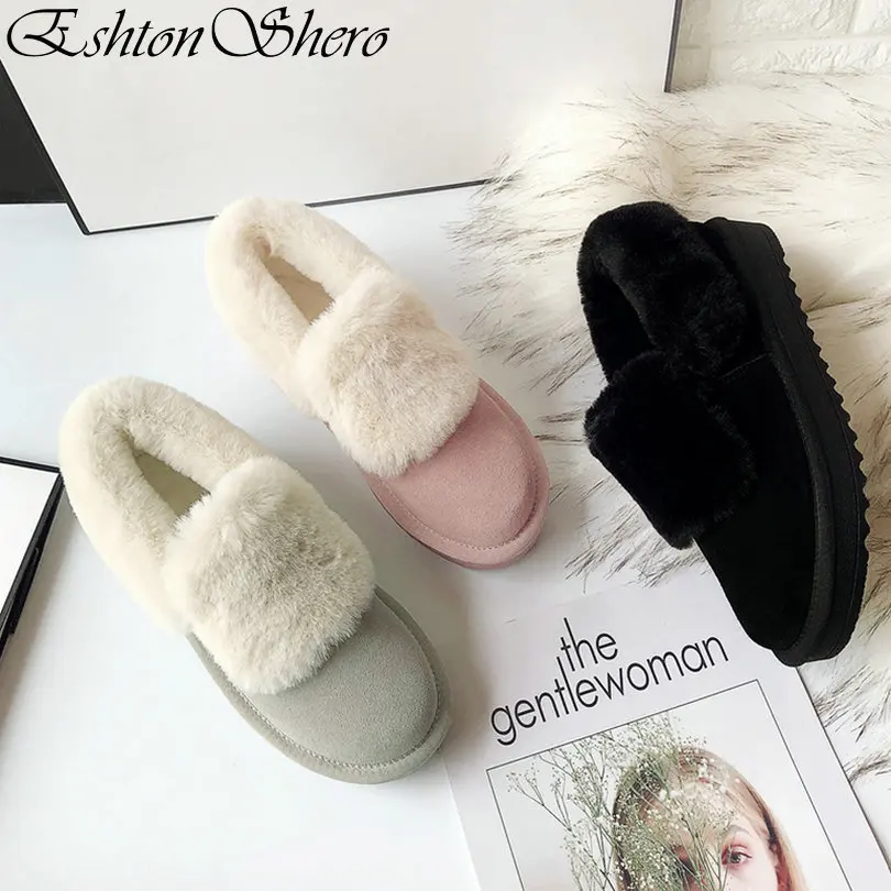 

EshtonShero Women Snow Boots Shoes Fur Plush Flat Heels Pink Fur Cute Women Shoes Gray Ladies Casual Ankle Boots Size 4-9
