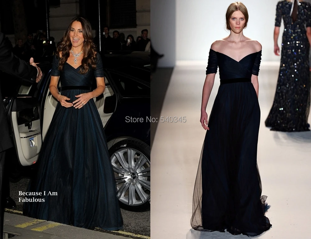 Платья Kate Middleton, ТРАПЕЦИЕВИДНОЕ ПЛАТЬЕ с открытыми плечами, v-образным вырезом, коротким рукавом, темно-синее, с рюшами, длина до пола, Тюлевое платье знаменитостей K11