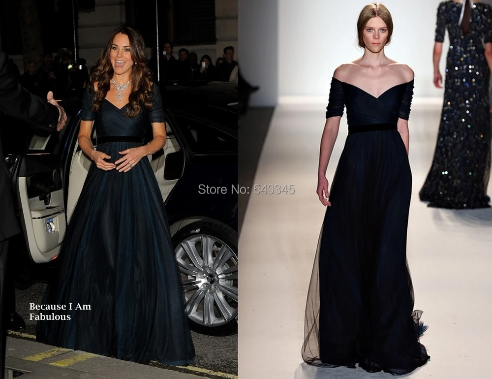 

2014 Kate Middleton Dresses A Line Off Shoulder V Neck Short Sleeve Dark Navy Ruched Floor-Length Tulle Celebrity Gowns K11
