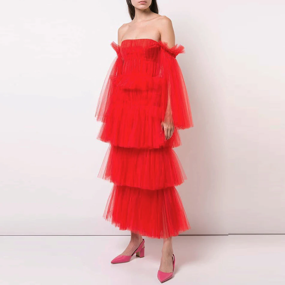 

Newest Fashion Cascading Mesh Maxi Dress Women Off the Shoulder Red Petal Sleeve Long Dress Party Robe Vestidos Gown