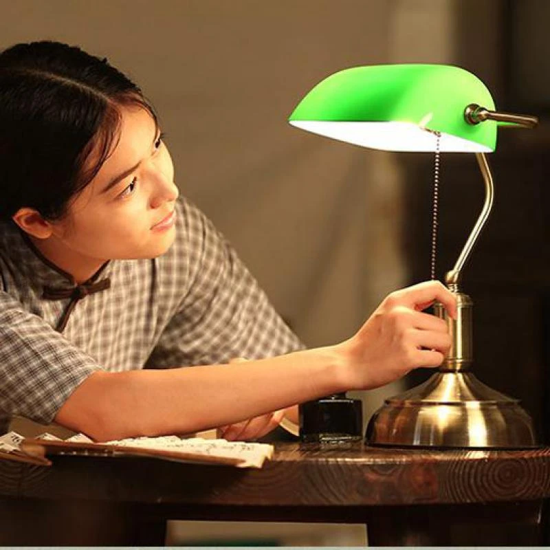 green glass library lamp