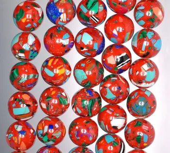 

14mm Matrix Turquoise Gemstone Red Mosaic Round 14mm Loose Beads 7 inch Half Strand (90145407-213)
